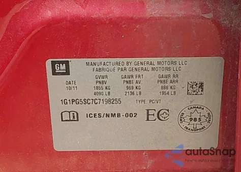 2012 Chevrolet Cruze Lt Turbo from USA, damaged, VIN 1G1PG5SC7C7198255